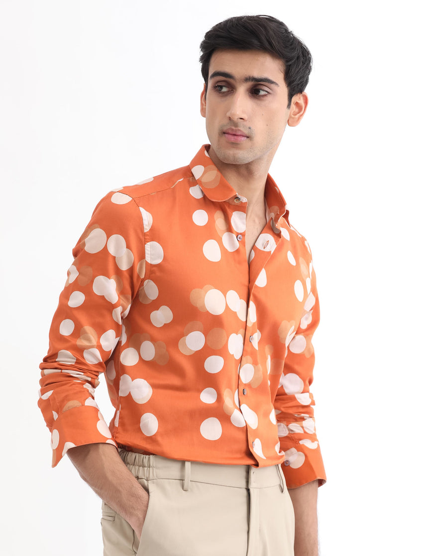 Rare Rabbit Men's Elde Rust Cotton Polka Print Regular Fit Full Sleeve Collared Shirt