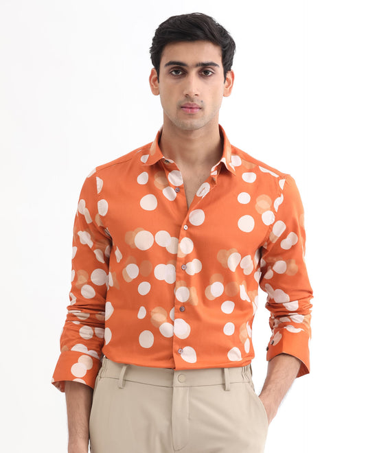 Rare Rabbit Men's Elde Rust Cotton Polka Print Regular Fit Full Sleeve Collared Shirt