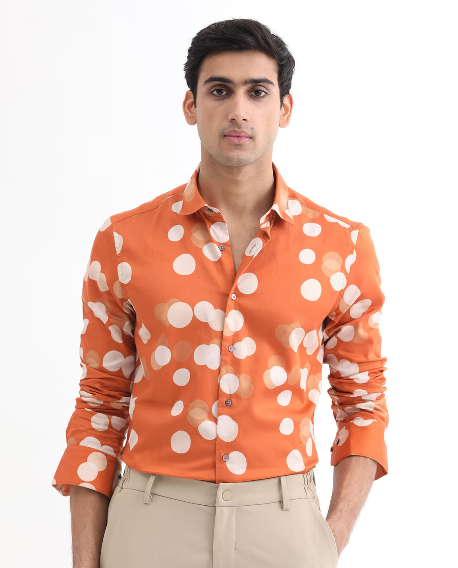 Rare Rabbit Men's Elde Rust Cotton Polka Print Regular Fit Full Sleeve Collared Shirt