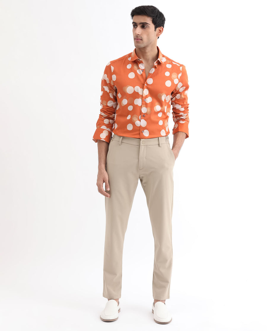 Rare Rabbit Men's Elde Rust Cotton Polka Print Regular Fit Full Sleeve Collared Shirt