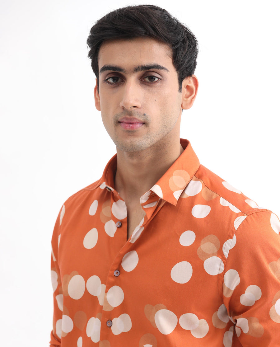 Rare Rabbit Men's Elde Rust Cotton Polka Print Regular Fit Full Sleeve Collared Shirt