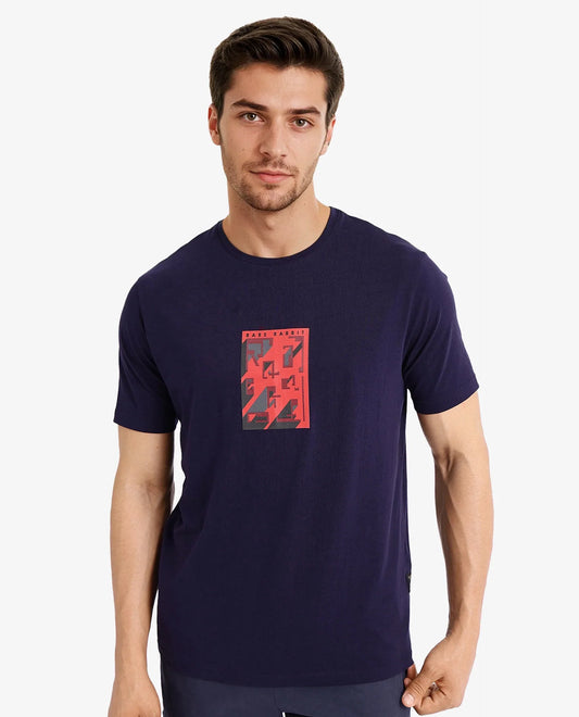 Rare Rabbit Men's Elih Navy Cotton Blend Graphic Print Regular Fit Half Sleeve Crew Neck T-Shirt