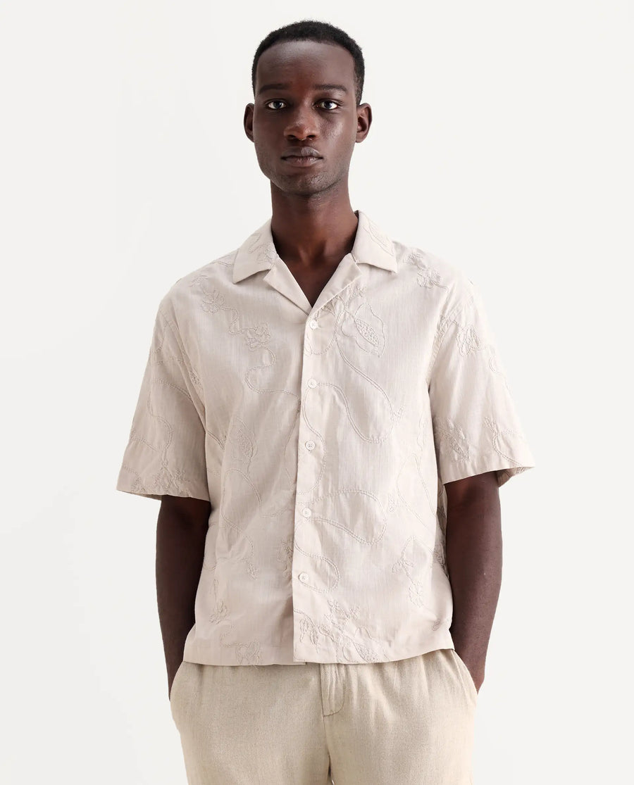 Rare Rabbit Men's Embi Beige Cotton Embroidered Boxy Fit Half Sleeve Cuban Collar Shirt
