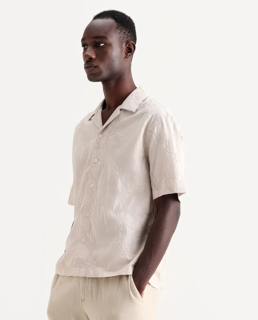 Rare Rabbit Men's Embi Beige Cotton Embroidered Boxy Fit Half Sleeve Cuban Collar Shirt