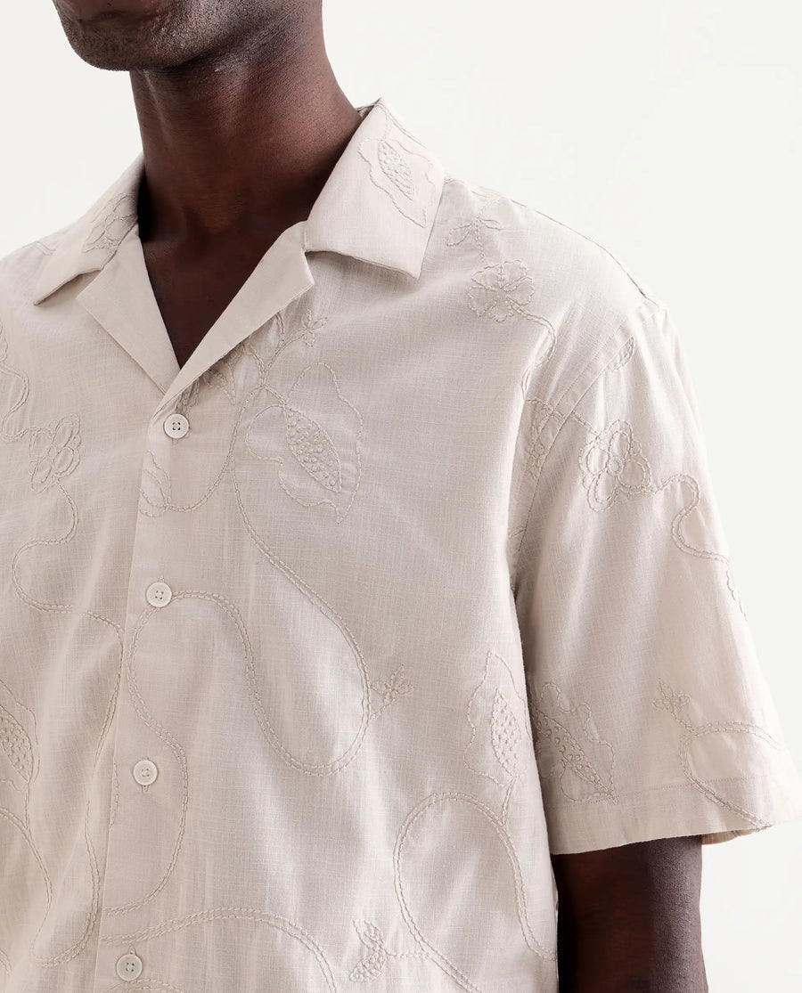 Rare Rabbit Men's Embi Beige Cotton Embroidered Boxy Fit Half Sleeve Cuban Collar Shirt