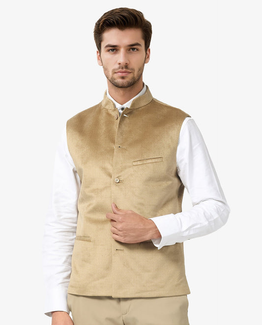 Rare Rabbit Men's Emerald Light Beige Polyester Plain Tailored Fit Sleeveless Mandarin Collar Bandhgala Rare Rabbit Men's Lasmos-B1 Beige Viscose Embroidered Regular Fit Sleeveless Mandarin Collar Bandhgala Nehru Jacket