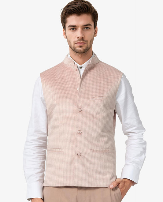 Rare Rabbit Men's Emerald Light Pink Polyester Plain Tailored Fit Sleeveless Mandarin Collar Bandhgala Rare Rabbit Men's Lasmos-B1 Beige Viscose Embroidered Regular Fit Sleeveless Mandarin Collar Bandhgala Nehru Jacket