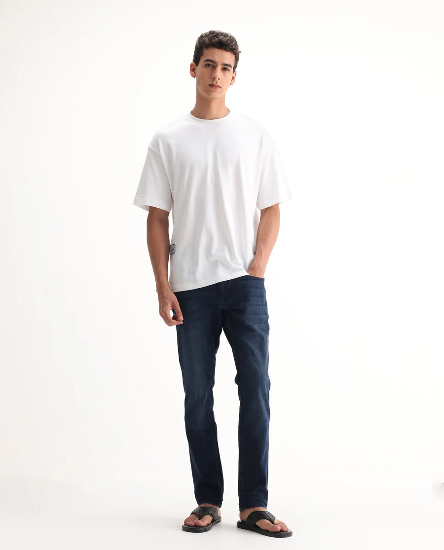 Rare Rabbit Men's Emil Dark Blue Cotton Blend Plain Hawk Slim Fit Jeans