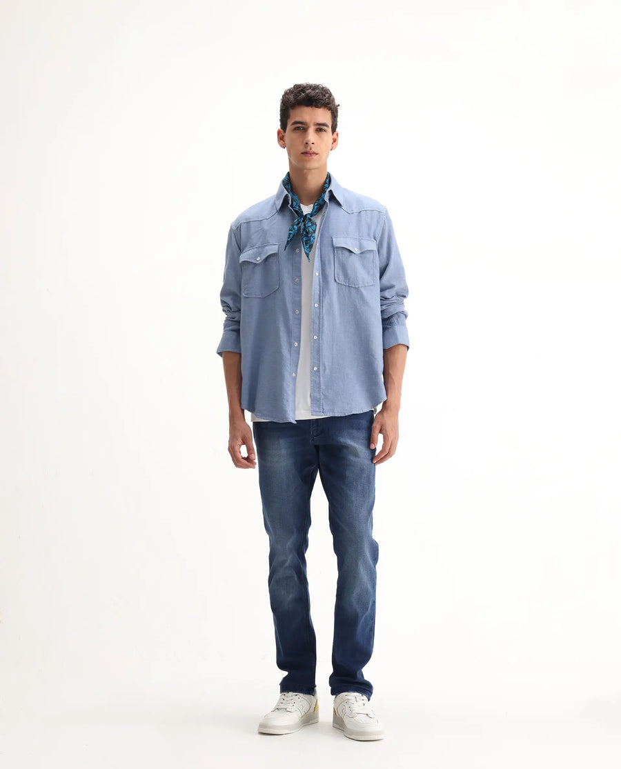 Rare Rabbit Men's Emilem Light Blue Cotton Blend Plain Hawk Slim Fit Jeans