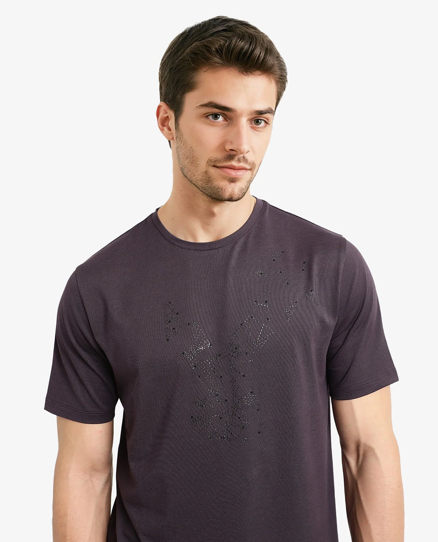 Rare Rabbit Men's Emon Dark Purple Cotton Graphic Print Regular Fit Half Sleeve Crew Neck T-Shirt
