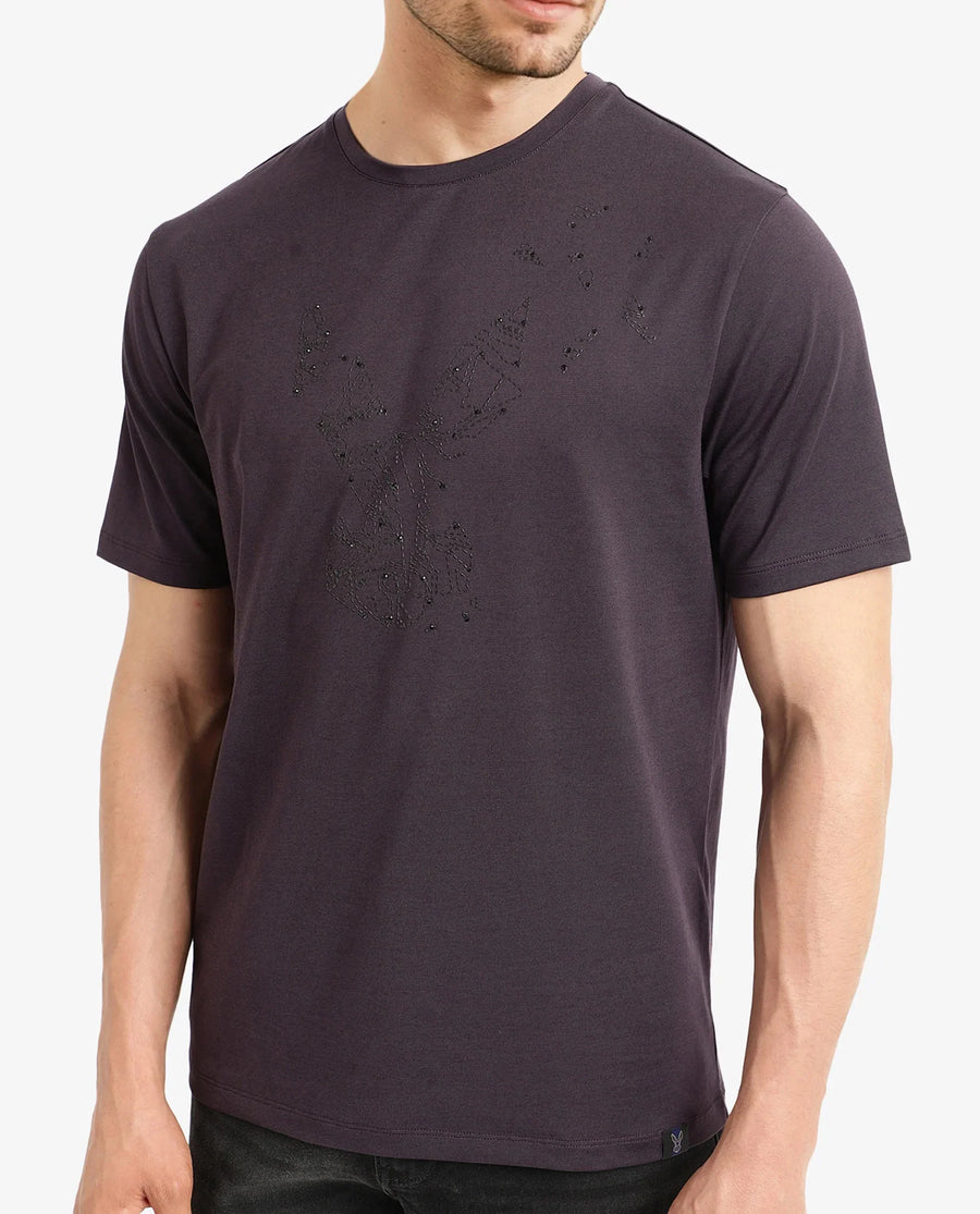 Rare Rabbit Men's Emon Dark Purple Cotton Graphic Print Regular Fit Half Sleeve Crew Neck T-Shirt