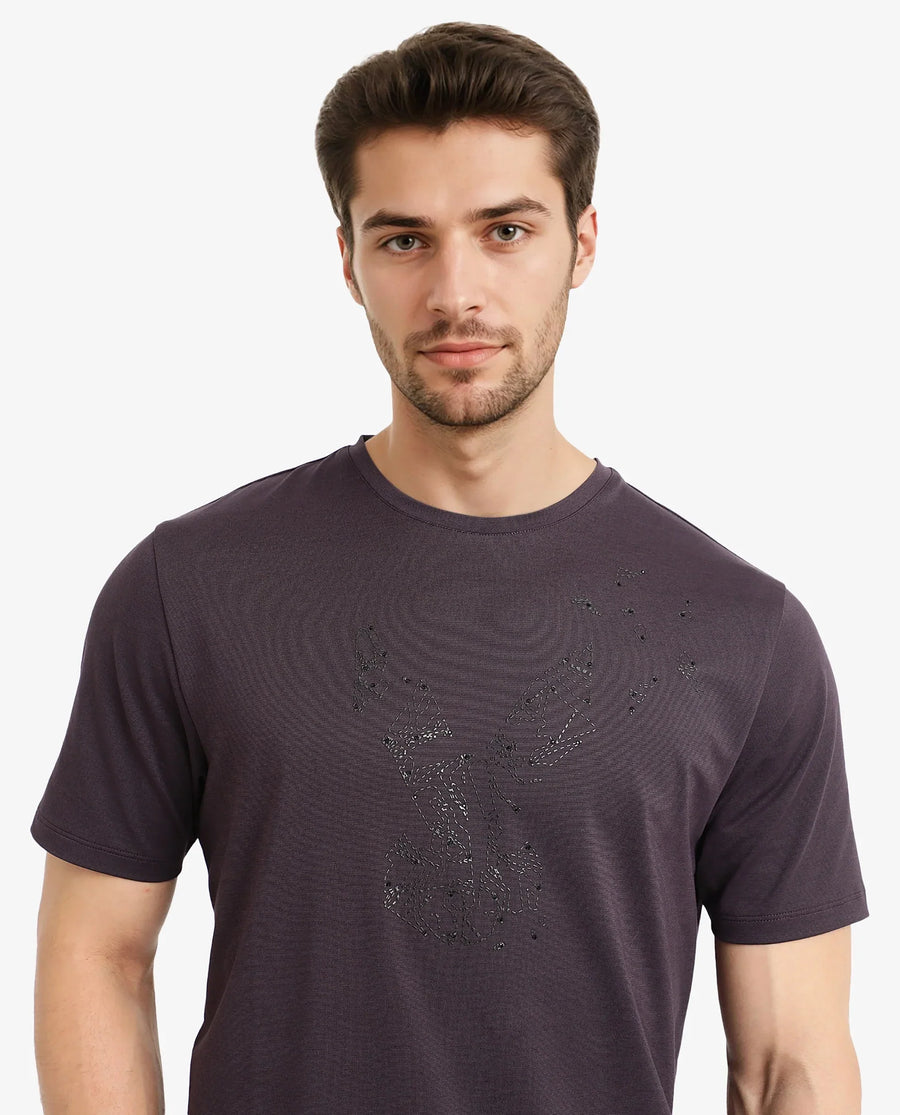 Rare Rabbit Men's Emon Dark Purple Cotton Graphic Print Regular Fit Half Sleeve Crew Neck T-Shirt