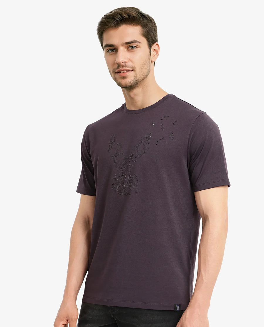 Rare Rabbit Men's Emon Dark Purple Cotton Graphic Print Regular Fit Half Sleeve Crew Neck T-Shirt