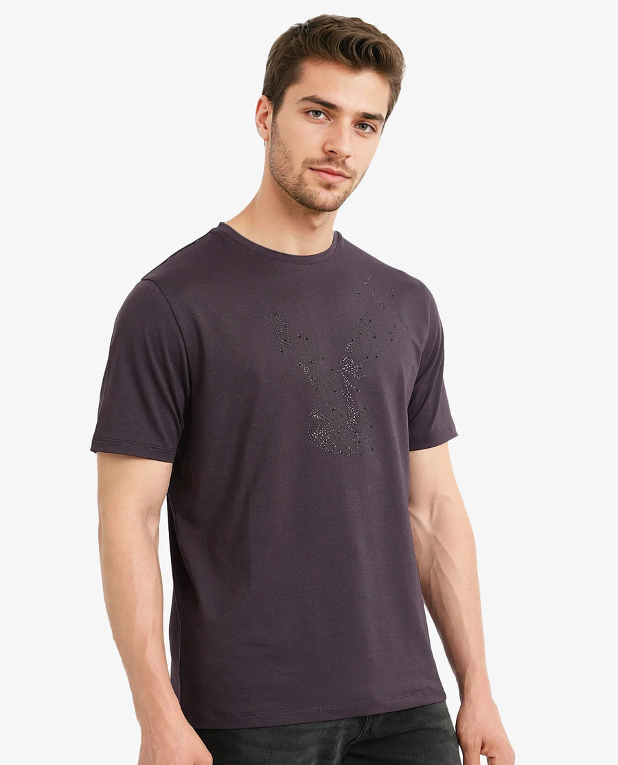 Rare Rabbit Men's Emon Dark Purple Cotton Graphic Print Regular Fit Half Sleeve Crew Neck T-Shirt