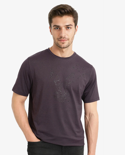 Rare Rabbit Men's Emon Dark Purple Cotton Graphic Print Regular Fit Half Sleeve Crew Neck T-Shirt
