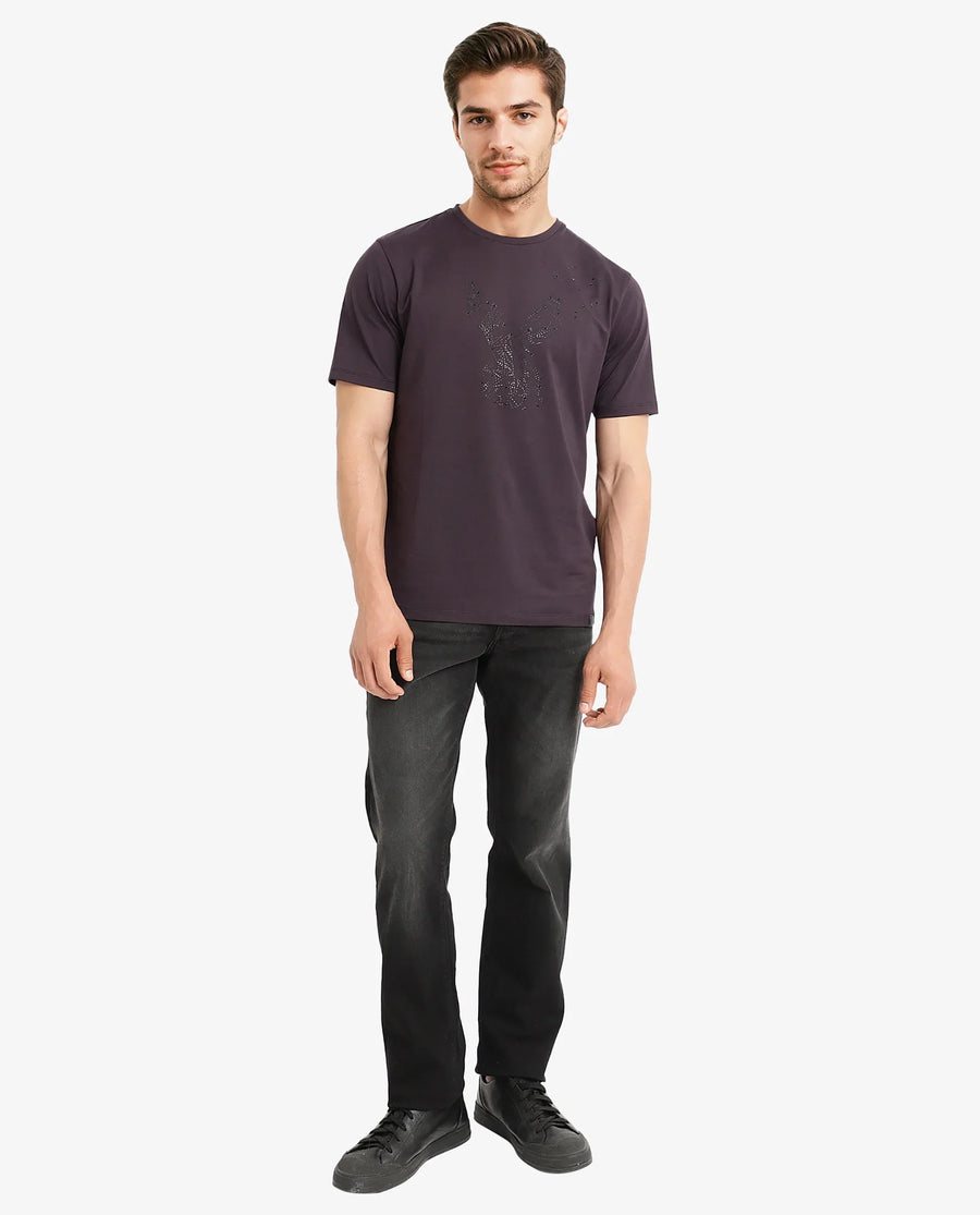 Rare Rabbit Men's Emon Dark Purple Cotton Graphic Print Regular Fit Half Sleeve Crew Neck T-Shirt