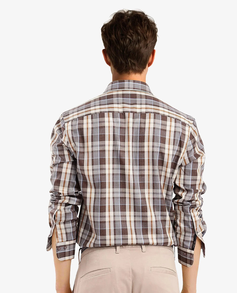 Rare Rabbit Men's Endel Brown Cotton Checked Print Regular Fit Full Sleeve Collared Shirt