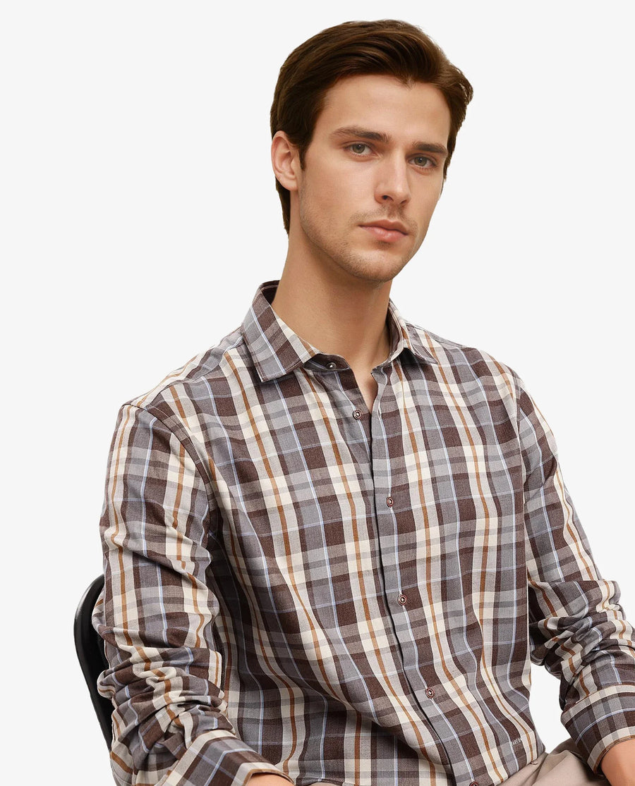Rare Rabbit Men's Endel Brown Cotton Checked Print Regular Fit Full Sleeve Collared Shirt