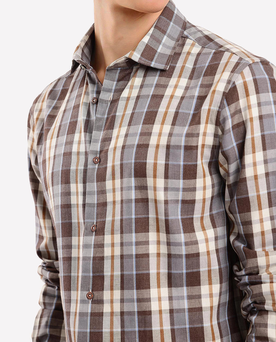 Rare Rabbit Men's Endel Brown Cotton Checked Print Regular Fit Full Sleeve Collared Shirt