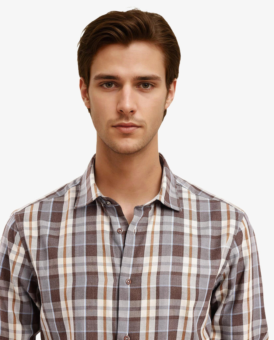 Rare Rabbit Men's Endel Brown Cotton Checked Print Regular Fit Full Sleeve Collared Shirt