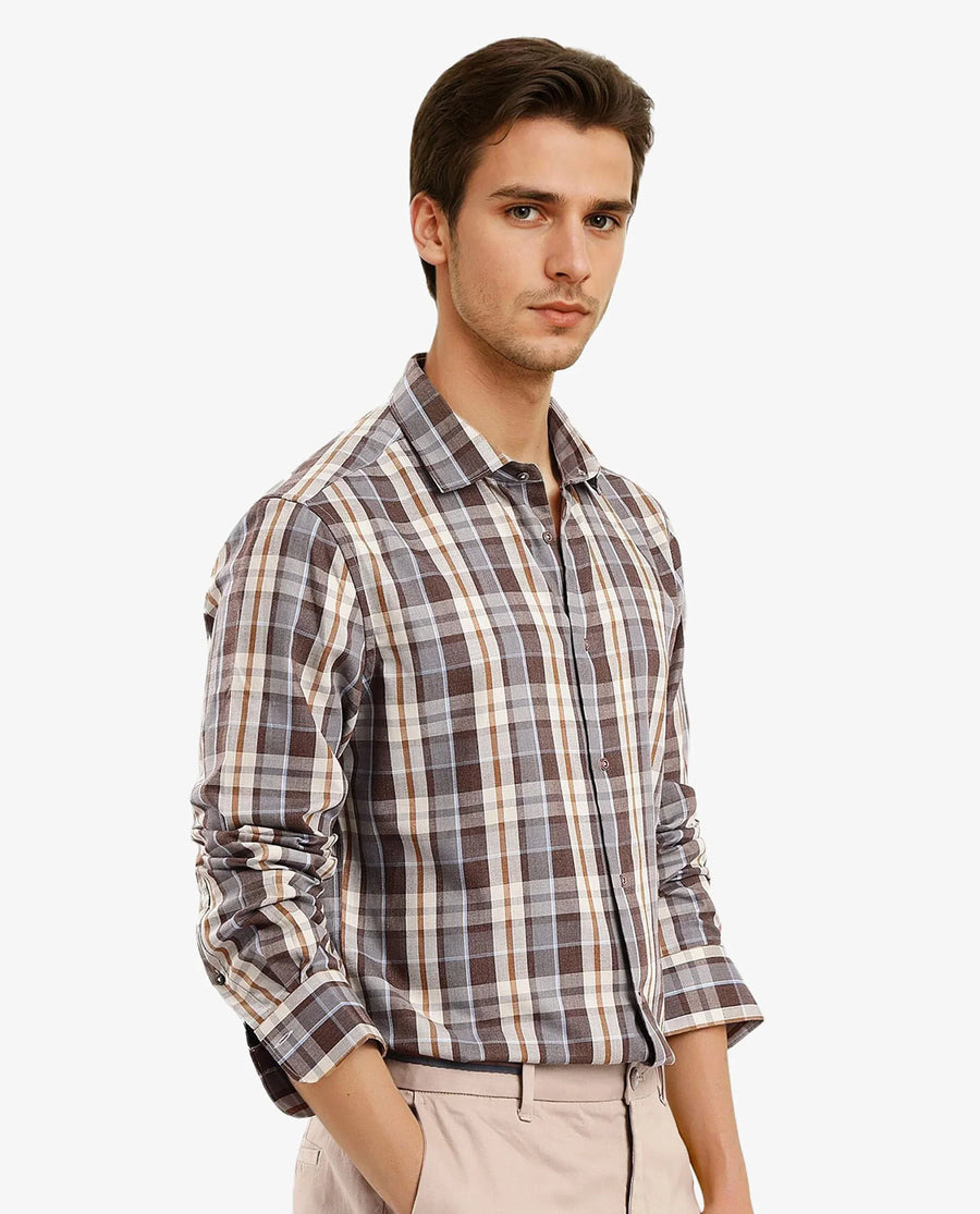 Rare Rabbit Men's Endel Brown Cotton Checked Print Regular Fit Full Sleeve Collared Shirt