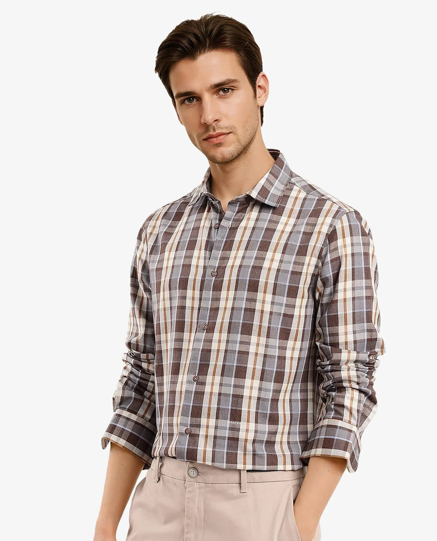 Rare Rabbit Men's Endel Brown Cotton Checked Print Regular Fit Full Sleeve Collared Shirt