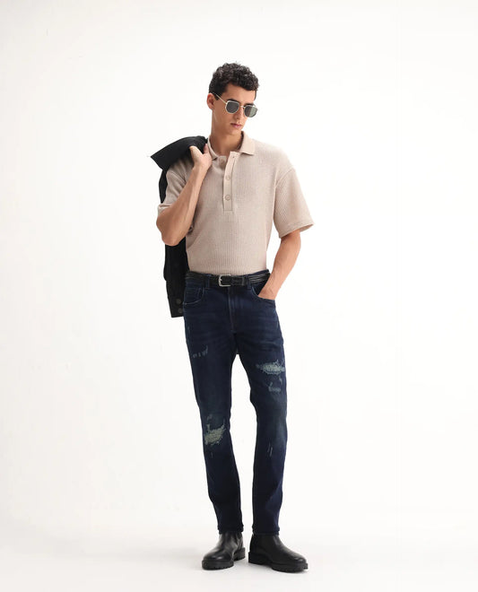 Rare Rabbit Men's Erie Dusky Blue Cotton Blend Plain Hawk Slim Fit Jeans