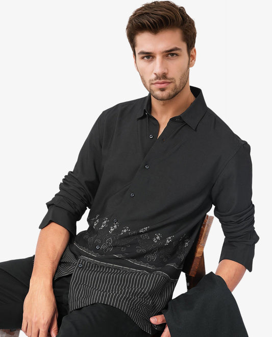 Rare Rabbit Men's Esco Black Viscose Floral Print Regular Fit Full Sleeve Collared Shirt