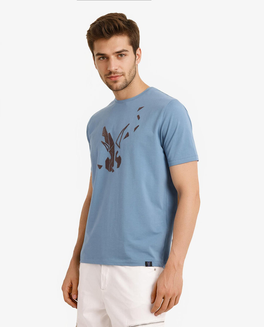 Rare Rabbit Men's Esse Blue Cotton Graphic Print Regular Fit Half Sleeve Crew Neck T-Shirt