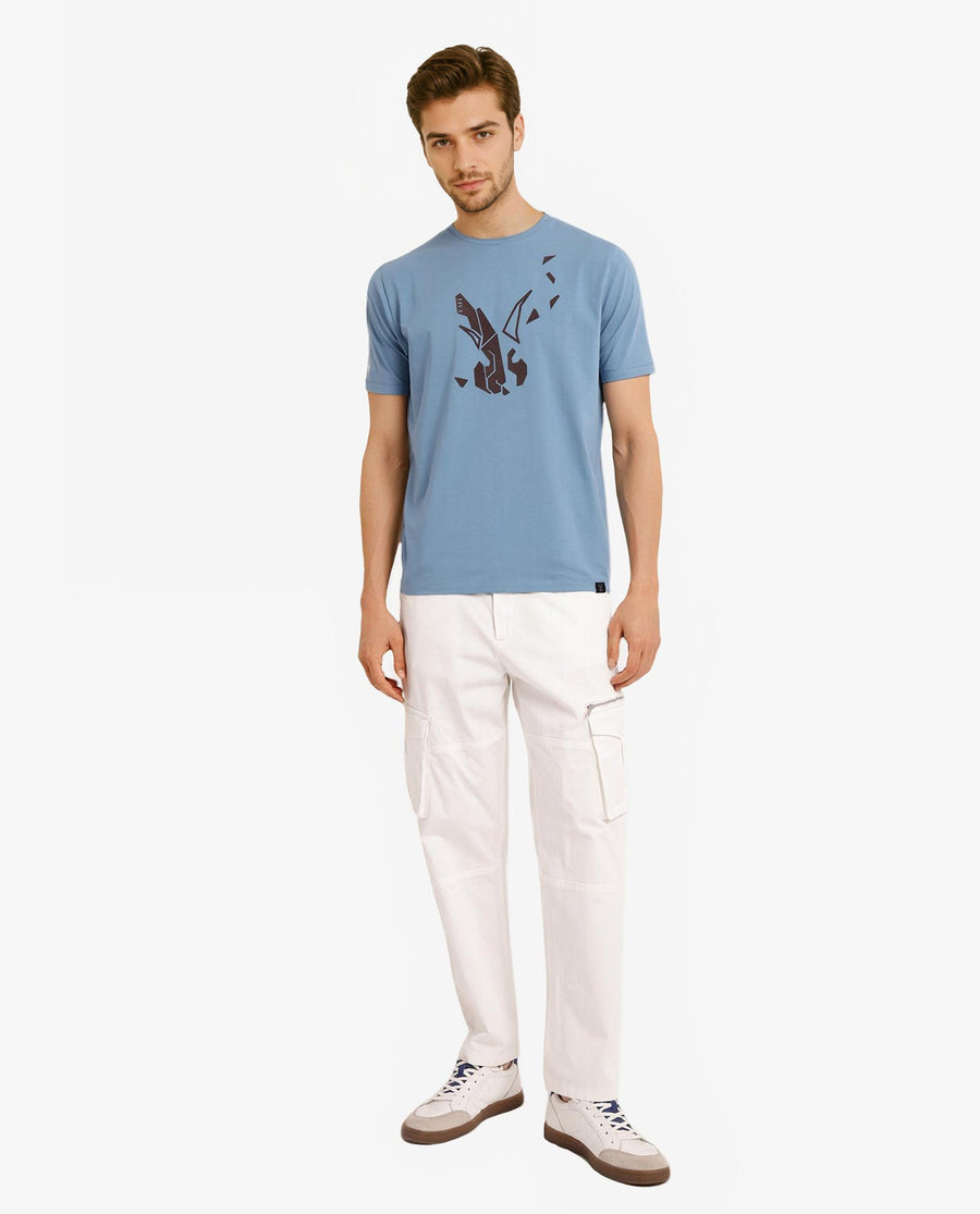 Rare Rabbit Men's Esse Blue Cotton Graphic Print Regular Fit Half Sleeve Crew Neck T-Shirt