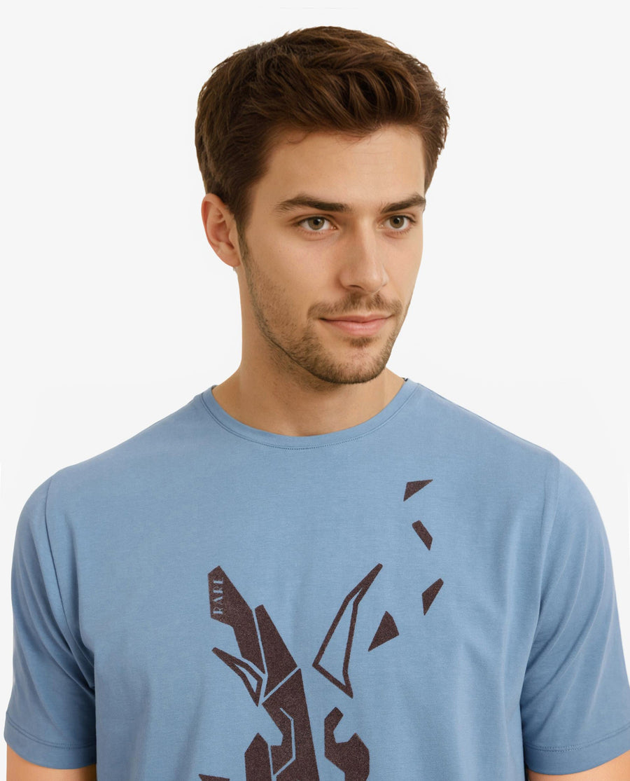 Rare Rabbit Men's Esse Blue Cotton Graphic Print Regular Fit Half Sleeve Crew Neck T-Shirt