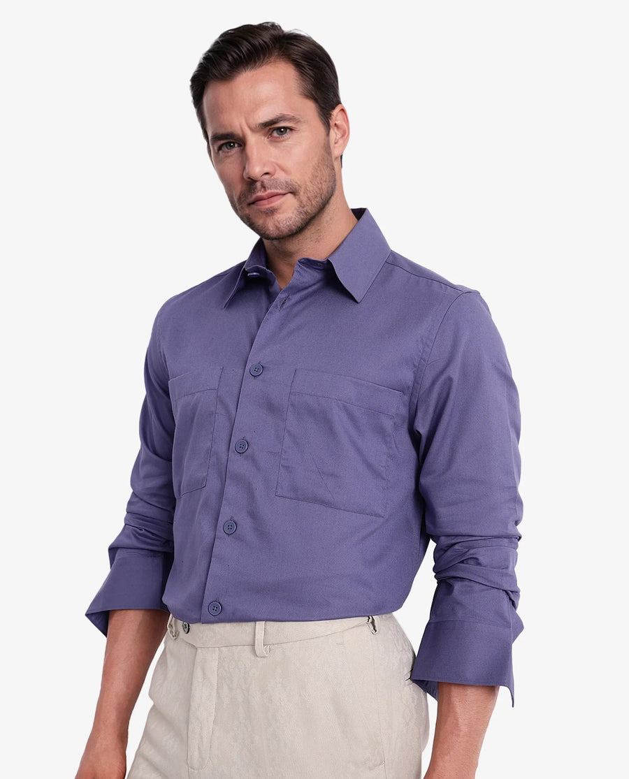 Rare Rabbit Men's Esso Dusky Blue Cotton Blend Plain Boxy Fit Full Sleeve Collared Shirt