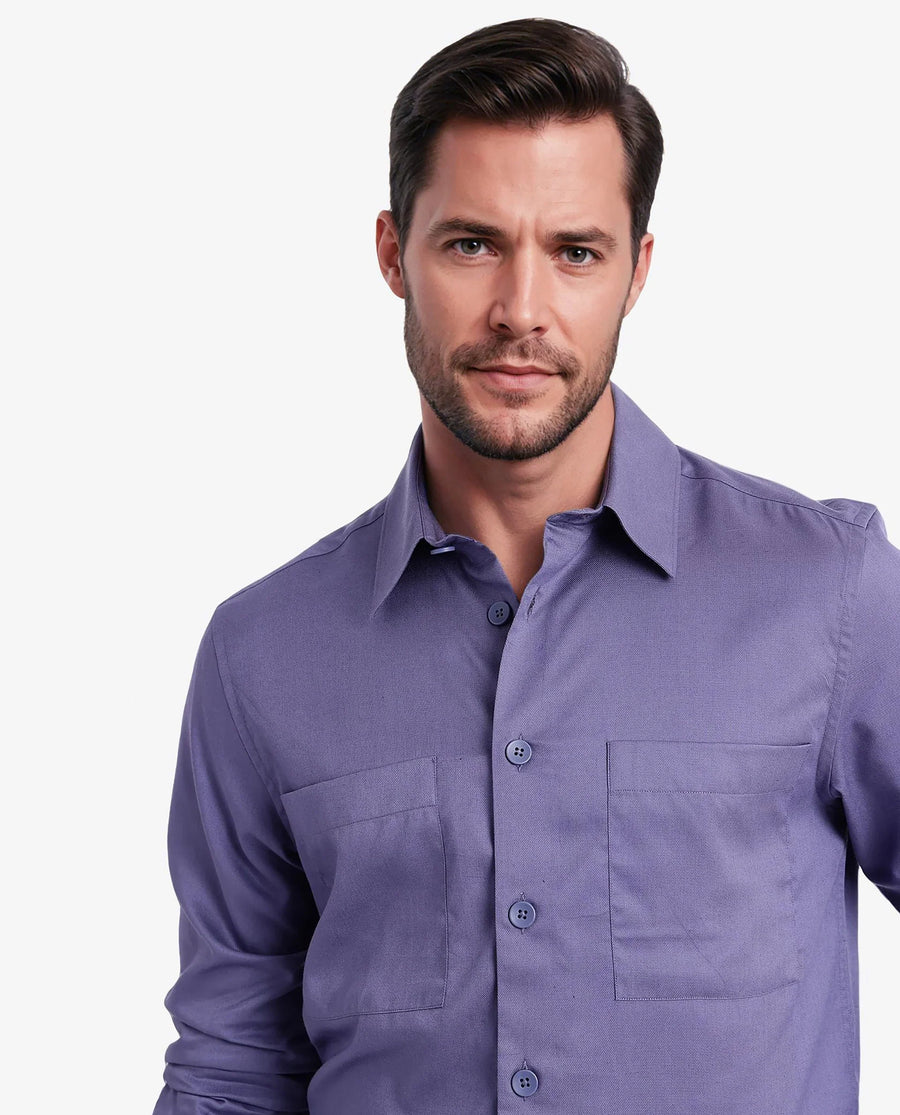 Rare Rabbit Men's Esso Dusky Blue Cotton Blend Plain Boxy Fit Full Sleeve Collared Shirt