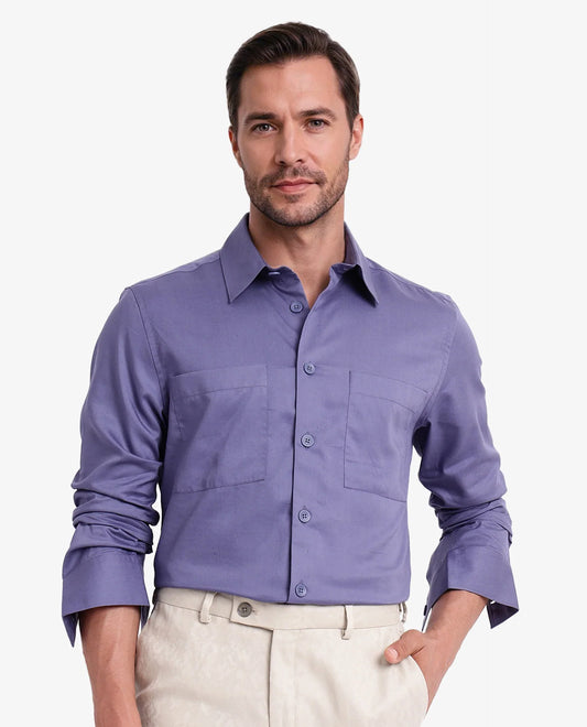Rare Rabbit Men's Esso Dusky Blue Cotton Blend Plain Boxy Fit Full Sleeve Collared Shirt