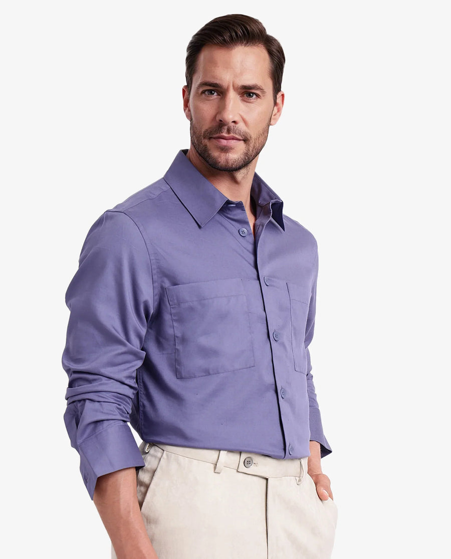 Rare Rabbit Men's Esso Dusky Blue Cotton Blend Plain Boxy Fit Full Sleeve Collared Shirt