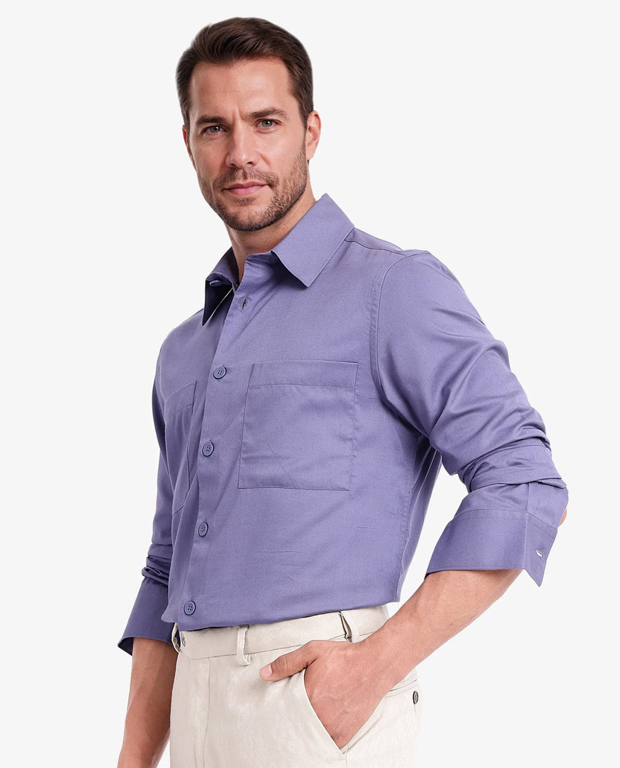 Rare Rabbit Men's Esso Dusky Blue Cotton Blend Plain Boxy Fit Full Sleeve Collared Shirt
