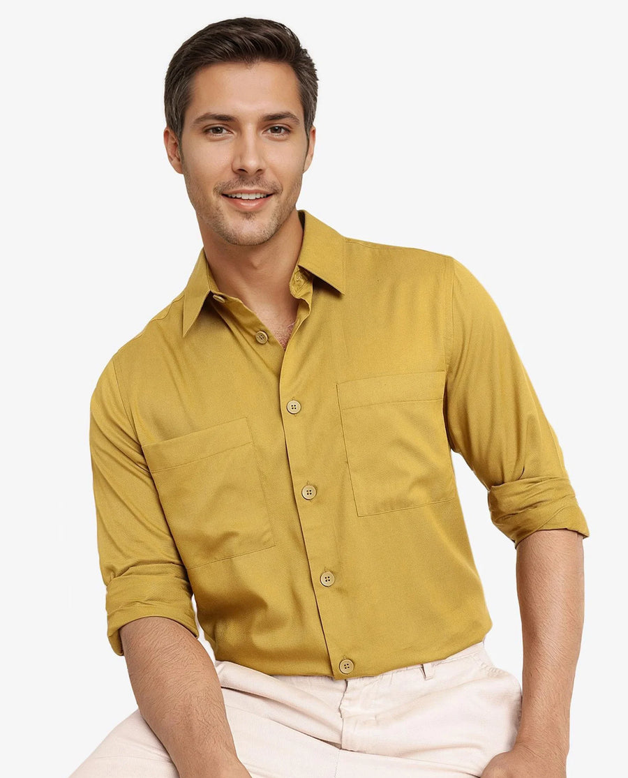 Rare Rabbit Men's Esso Flouroscent Green Cotton Blend Plain Boxy Fit Full Sleeve Collared Shirt