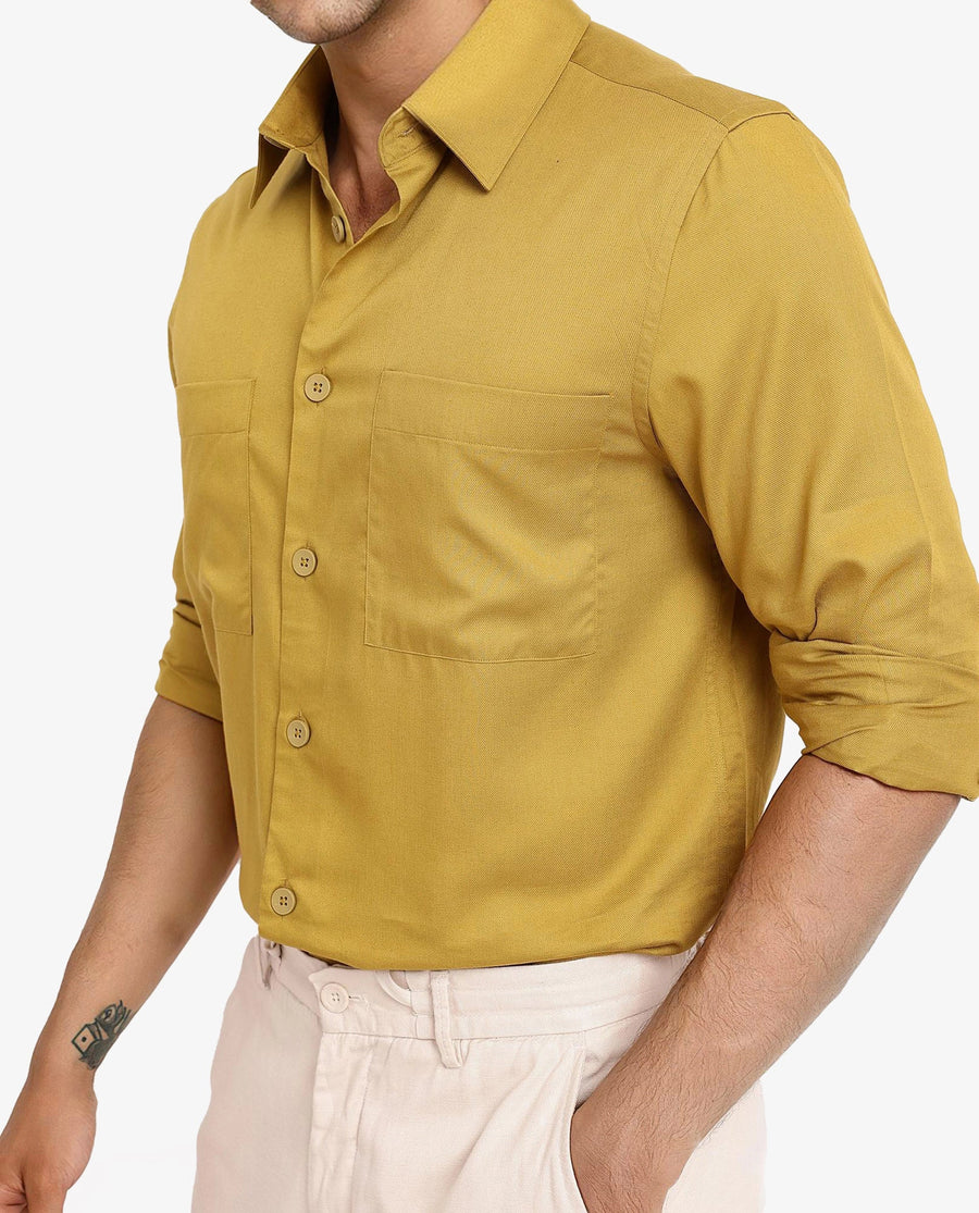 Rare Rabbit Men's Esso Flouroscent Green Cotton Blend Plain Boxy Fit Full Sleeve Collared Shirt