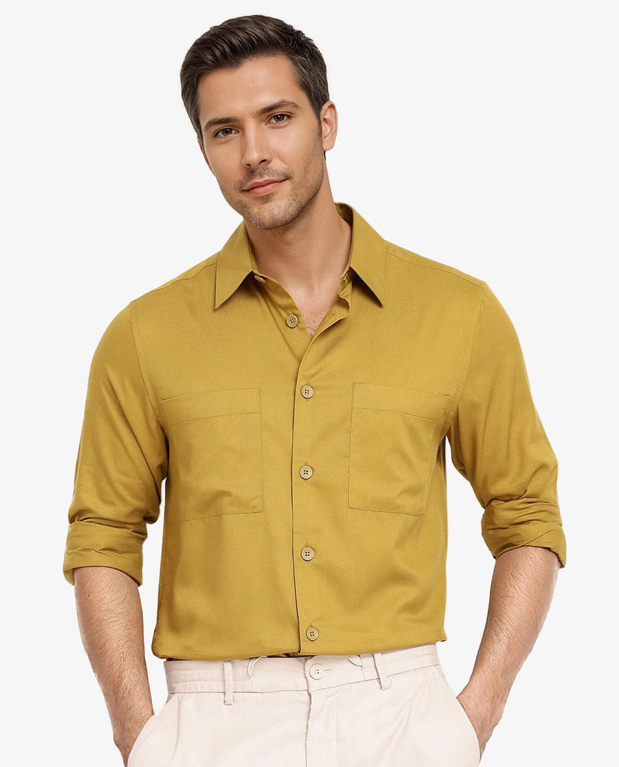 Rare Rabbit Men's Esso Flouroscent Green Cotton Blend Plain Boxy Fit Full Sleeve Collared Shirt
