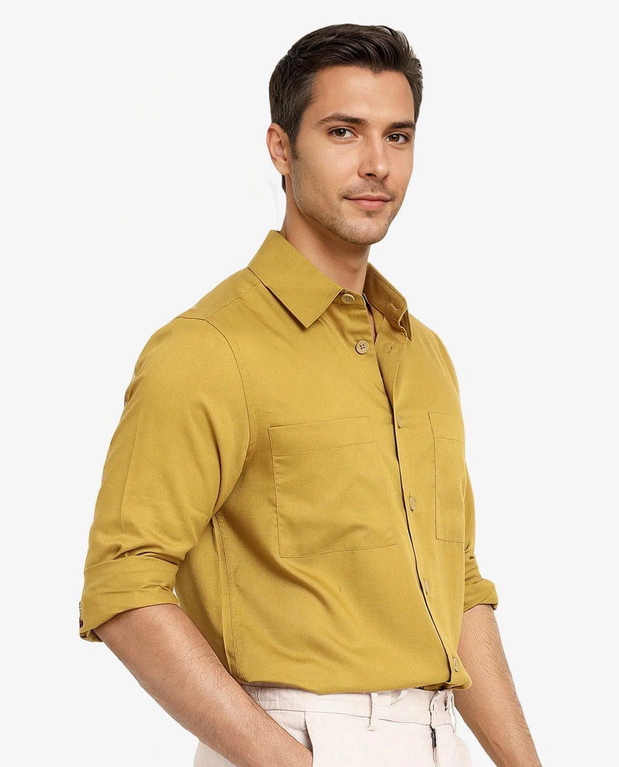 Rare Rabbit Men's Esso Flouroscent Green Cotton Blend Plain Boxy Fit Full Sleeve Collared Shirt
