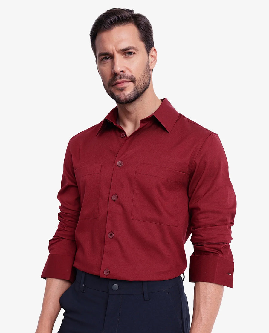 Rare Rabbit Men's Esso Maroon Cotton Blend Plain Boxy Fit Full Sleeve Collared Shirt