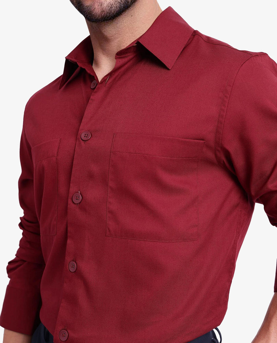 Rare Rabbit Men's Esso Maroon Cotton Blend Plain Boxy Fit Full Sleeve Collared Shirt