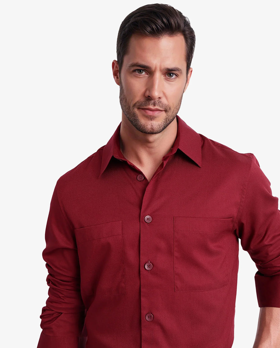 Rare Rabbit Men's Esso Maroon Cotton Blend Plain Boxy Fit Full Sleeve Collared Shirt