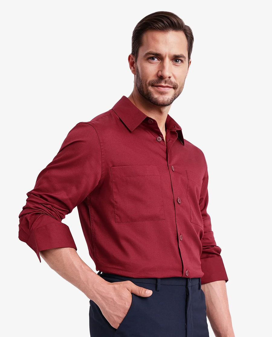 Rare Rabbit Men's Esso Maroon Cotton Blend Plain Boxy Fit Full Sleeve Collared Shirt