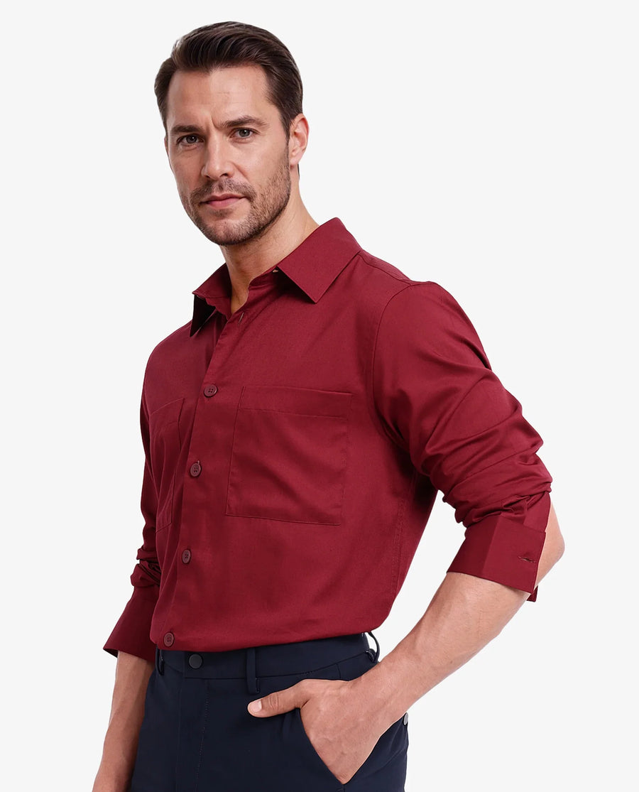 Rare Rabbit Men's Esso Maroon Cotton Blend Plain Boxy Fit Full Sleeve Collared Shirt