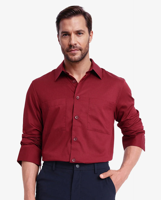 Rare Rabbit Men's Esso Maroon Cotton Blend Plain Boxy Fit Full Sleeve Collared Shirt
