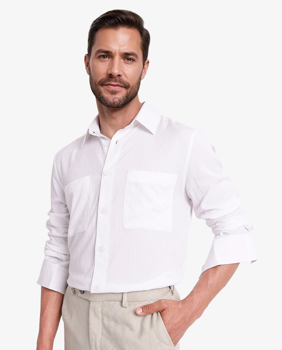 Rare Rabbit Men's Esso White Cotton Blend Plain Boxy Fit Full Sleeve Collared Shirt