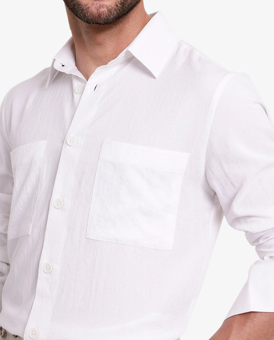Rare Rabbit Men's Esso White Cotton Blend Plain Boxy Fit Full Sleeve Collared Shirt