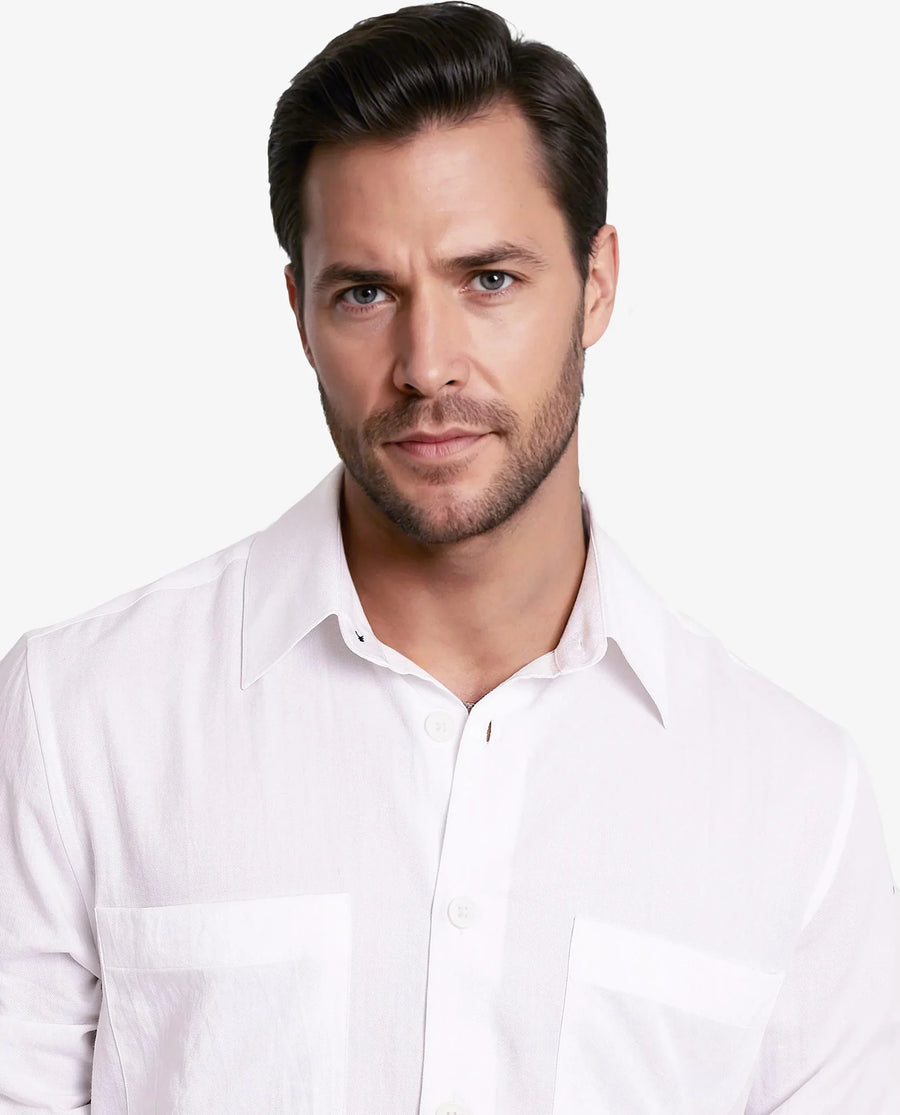 Rare Rabbit Men's Esso White Cotton Blend Plain Boxy Fit Full Sleeve Collared Shirt