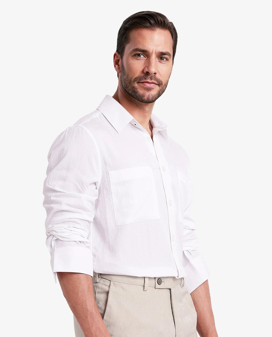 Rare Rabbit Men's Esso White Cotton Blend Plain Boxy Fit Full Sleeve Collared Shirt